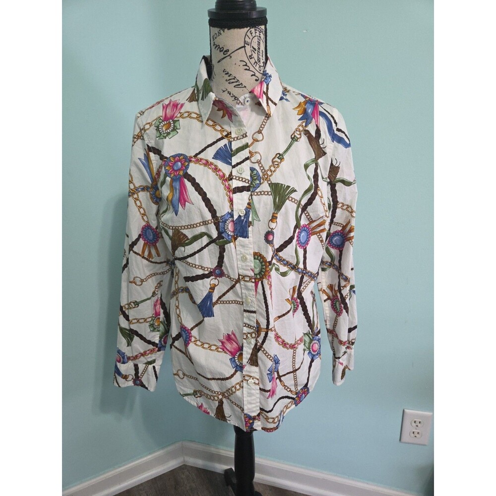 Talbots Esquestrian button down shirt petite medium horse race Kentucky derby